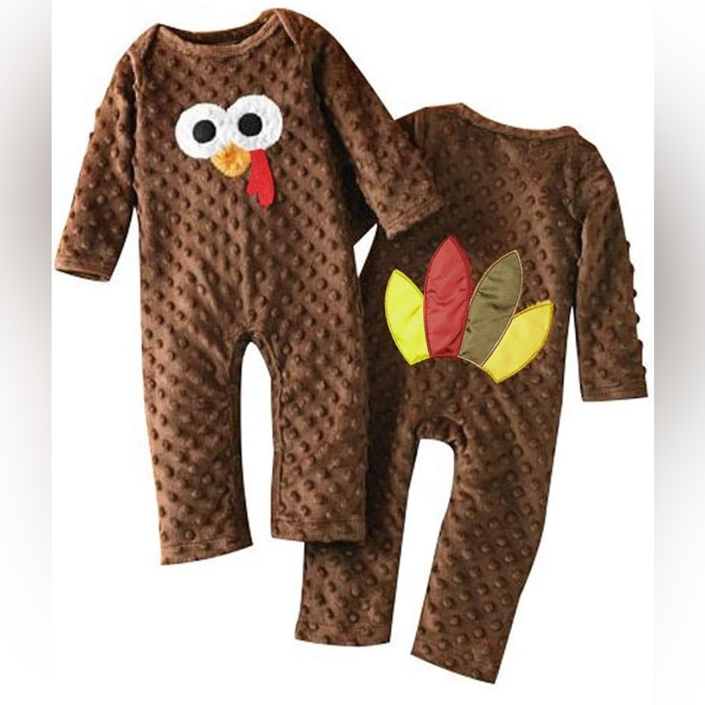 Thanksgiving Turkey Baby Girl Boy Minky Doy Velour Romper Jumpsuit
